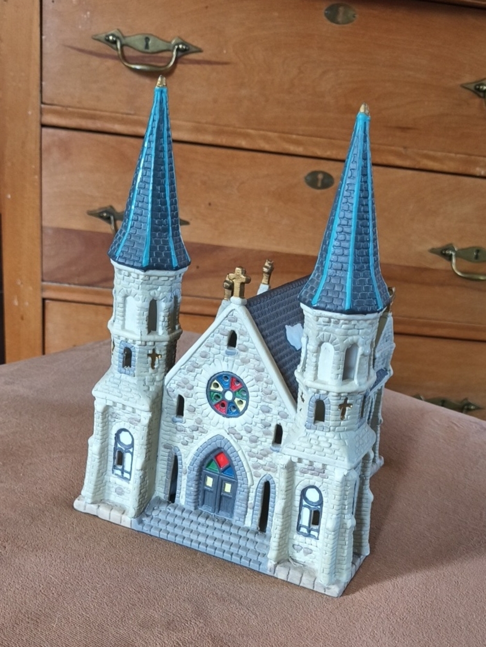 Decorative Ceramic Church Figurine with Blue Steeples